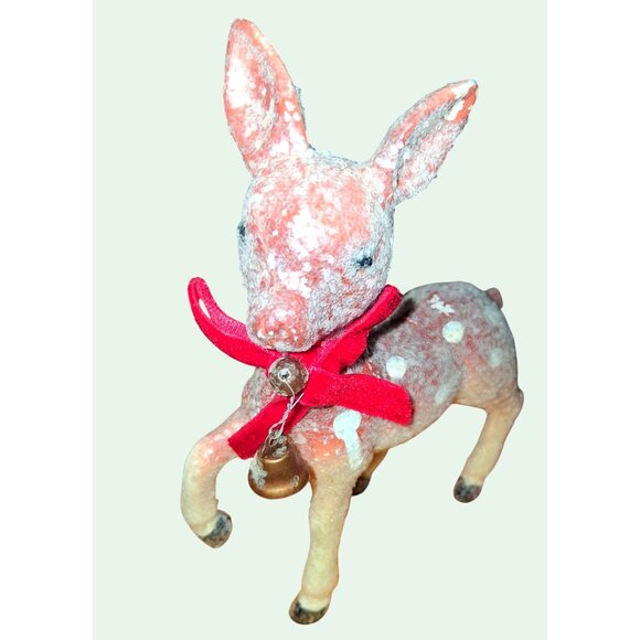 Vintage Flocked Deer Figurines With Red Bows & Bells + Red Bird Clip - Picture 3 of 10